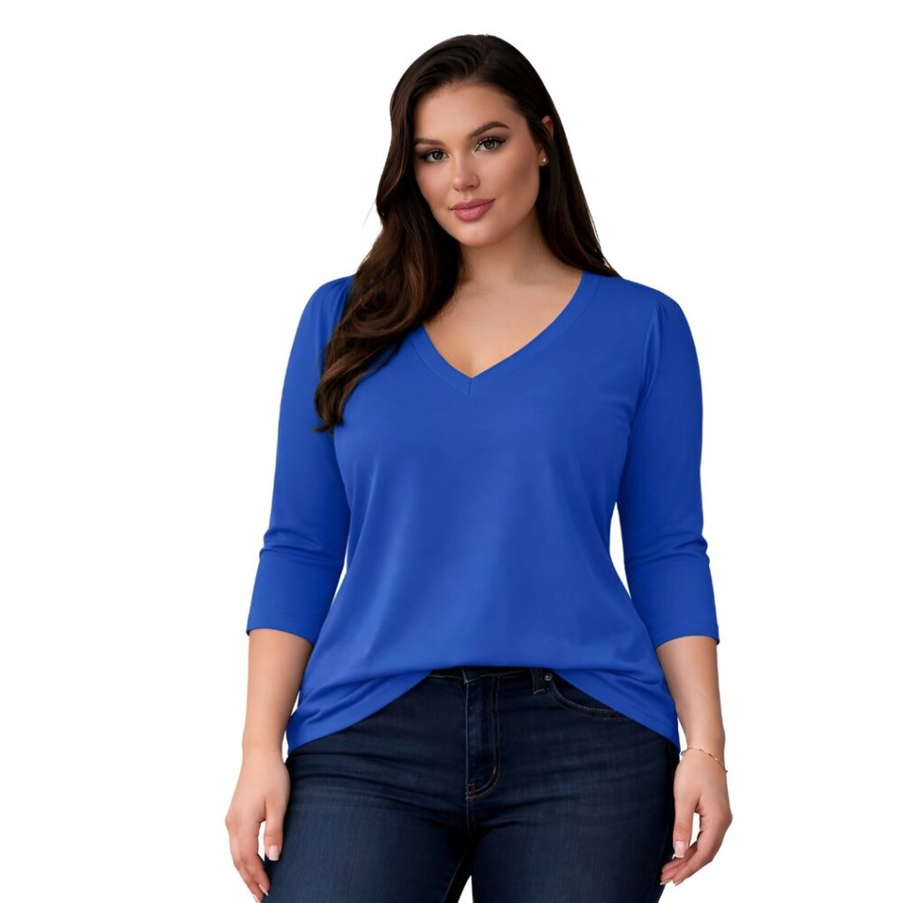 Women’s 3/4 Sleeve V Neck Tops Loose Fit T Shirt, BLUE, Size LARGE